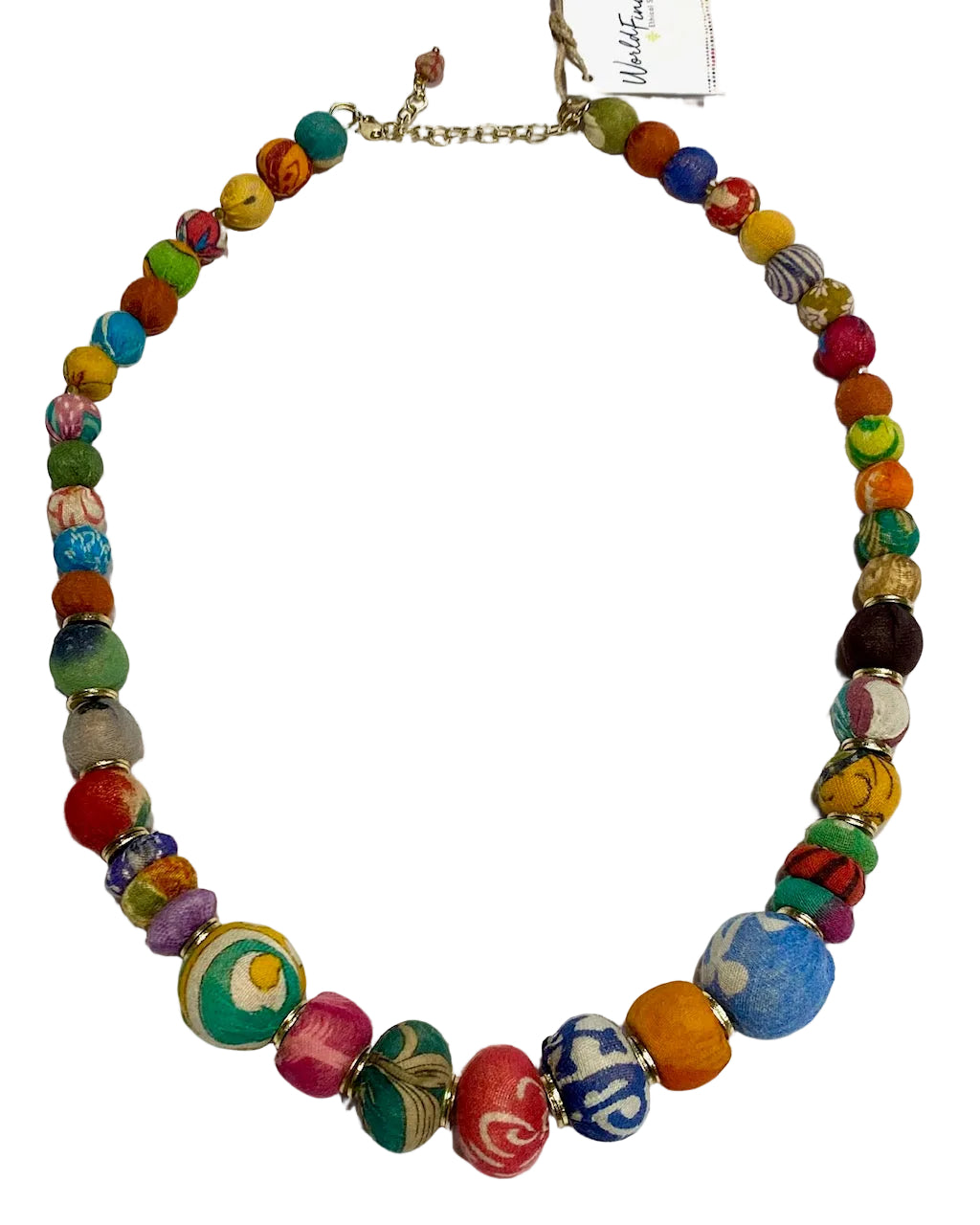 Colorful beaded necklace with a gold chain on a white background