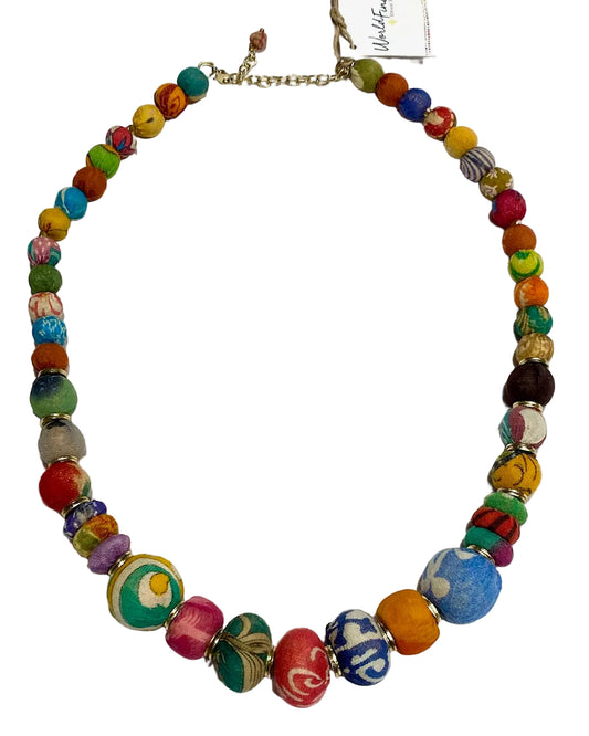 Colorful beaded necklace with a gold chain on a white background