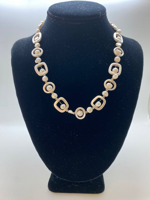 18 inch Silver Geometric Shapes with White Pearls Necklace