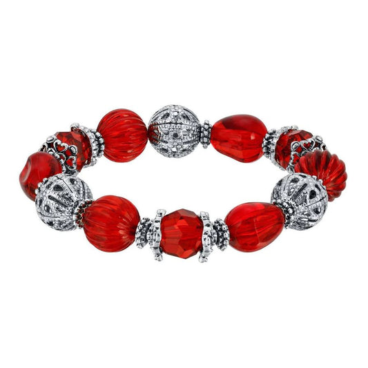 Siam Red Multi Beaded Round Filigree Ball Stretch Bracelet