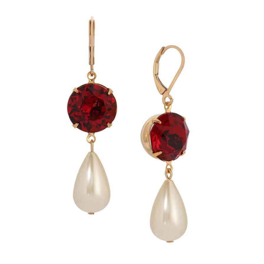 Siam Red Euro Crystal Faux Pearl Teardrop Dangling Earrings