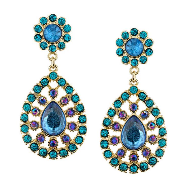 Blue Zircon And Blue Sapphire Crystal Large Teardrop Drop Earrings