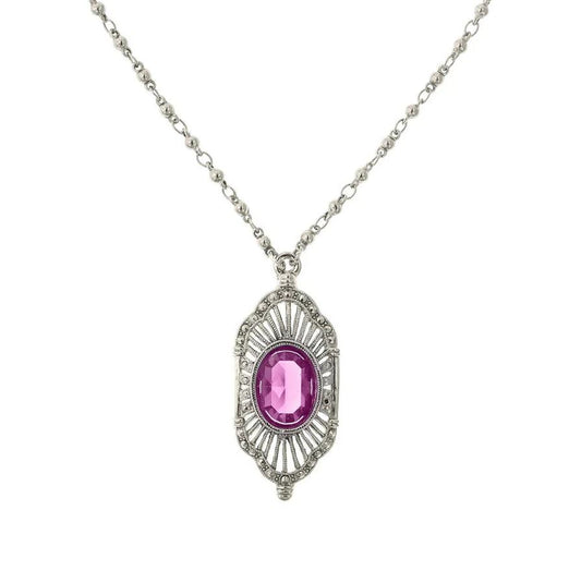 Fuchsia Pink Stone Faux Marcasite Deco Pendant Necklace