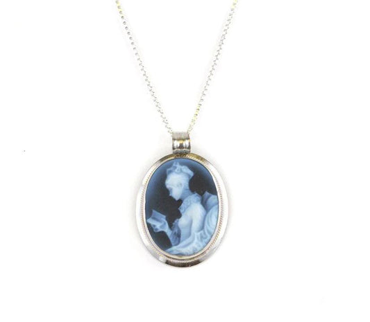 Girl Reading Blue Agate Necklace Cameo StSilver