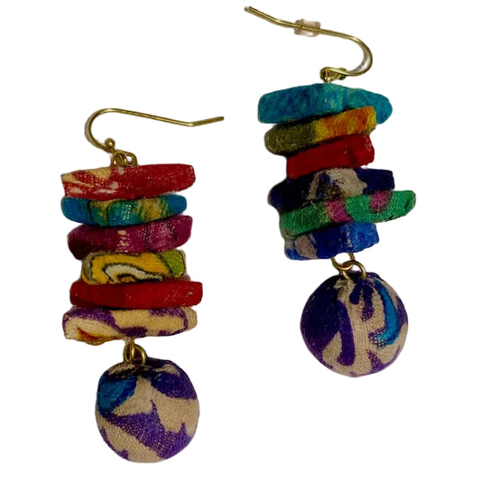 Colorful stacked bead earrings on a white background