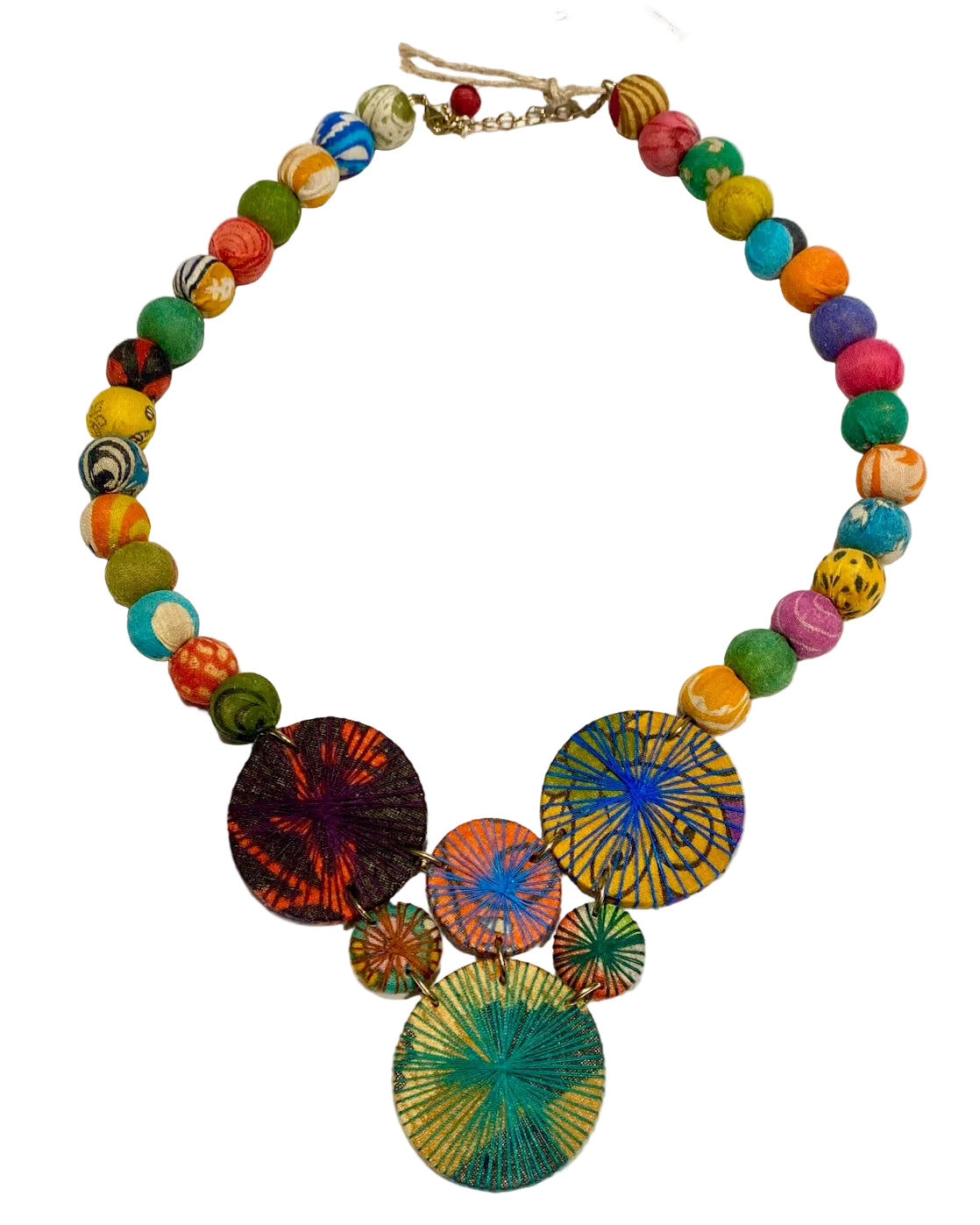 Colorful beaded necklace with circular designs on a white background