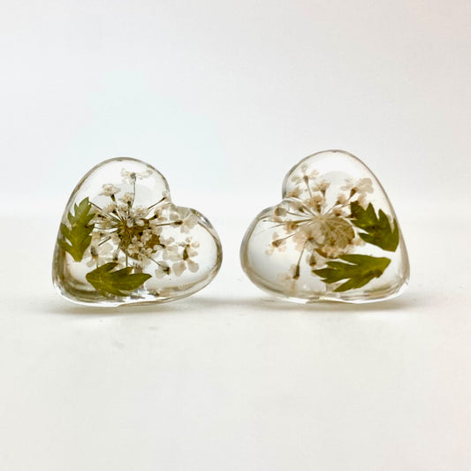 Eco-Resin Heart May Hawthorn Flower Earrings/Posts