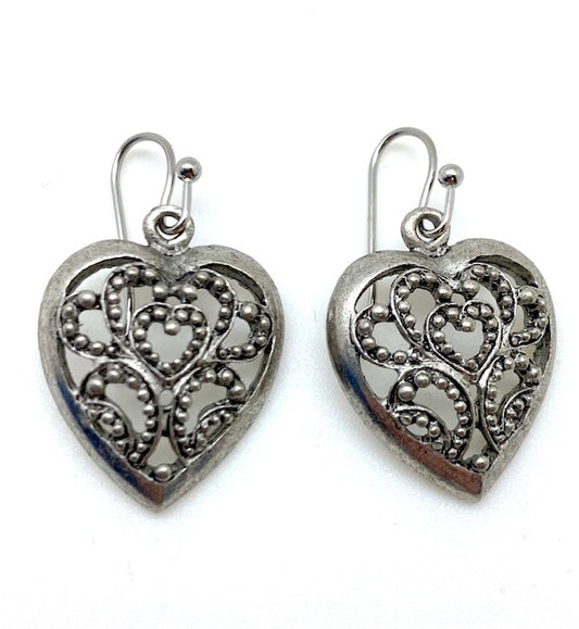 Silver Toned Filigree Heart Drop Earrings