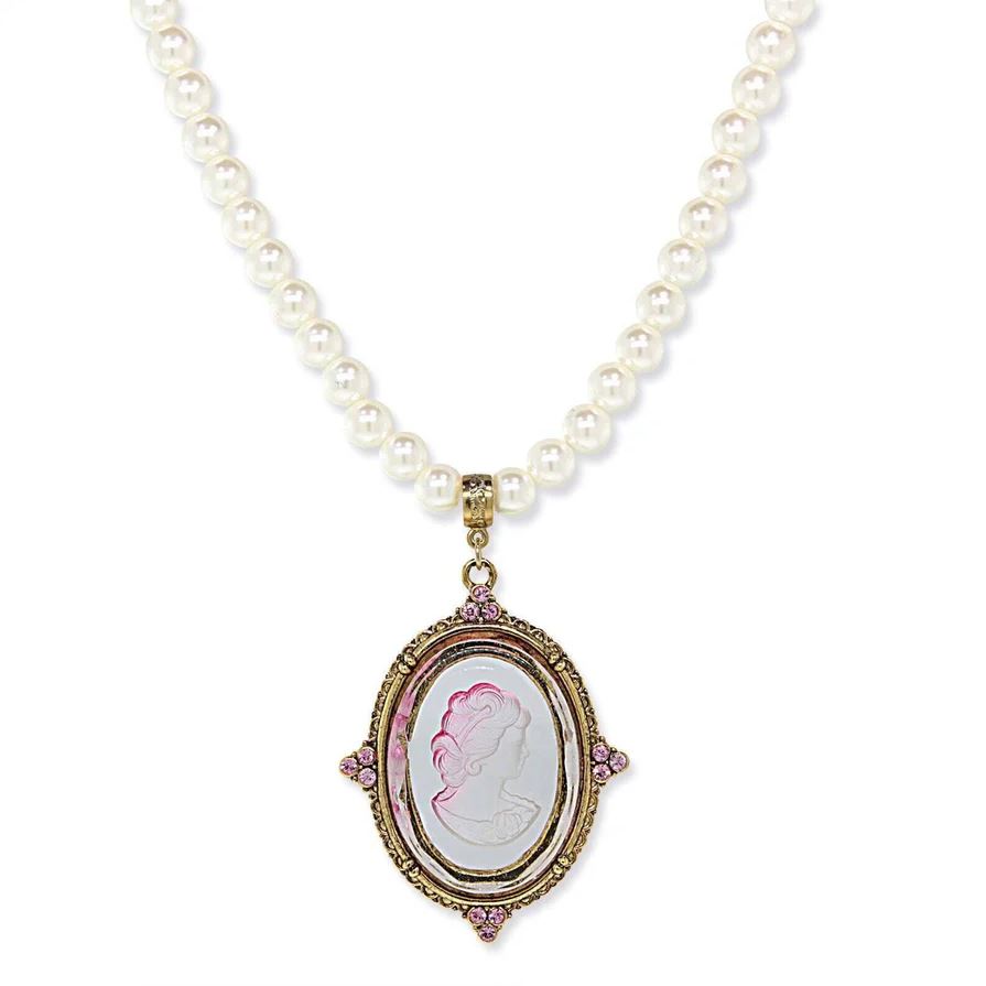 Crystal Oval Glass Intaglio 8mm Faux Pearl Strand Pendant Necklace 18"