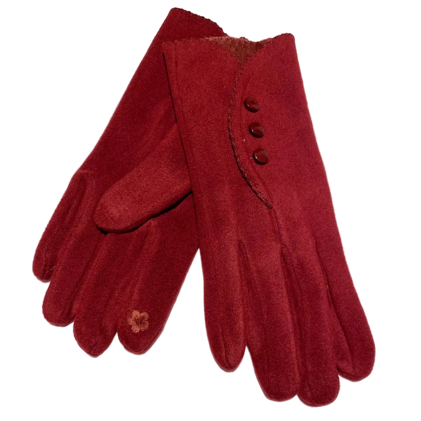 Pair of red gloves with button details on a beige background
