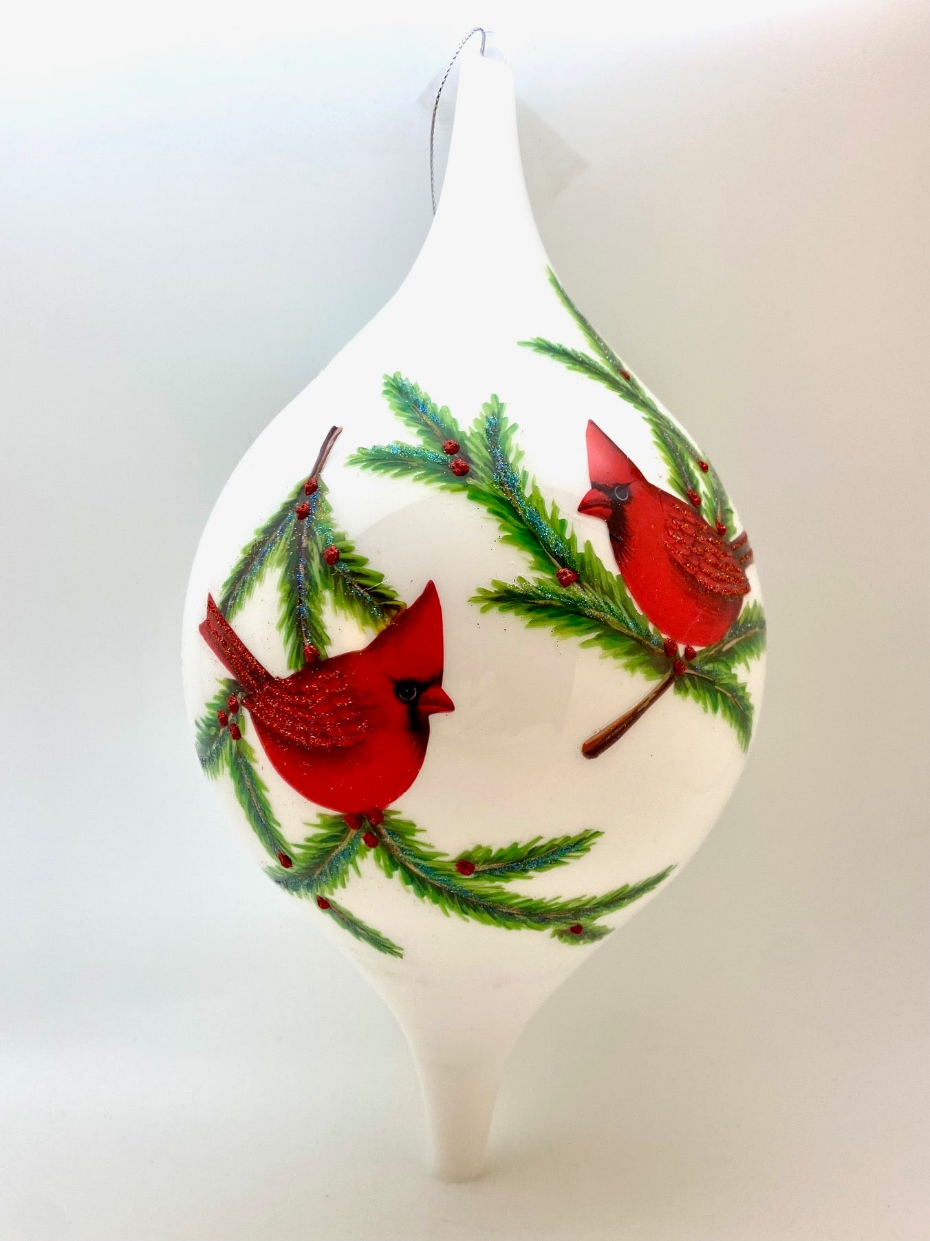 12.5in Glittered Cardinals White Finial Teardrop Glass Ornament