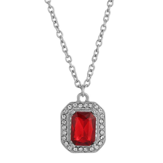 Siam Red Octagon Stone & Crystal Pendant Necklace