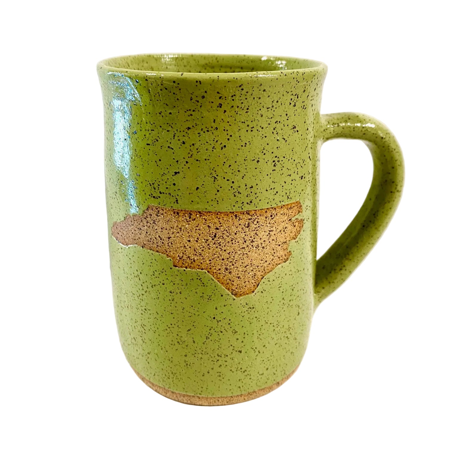 Green ceramic mug with speckled pattern on a white background