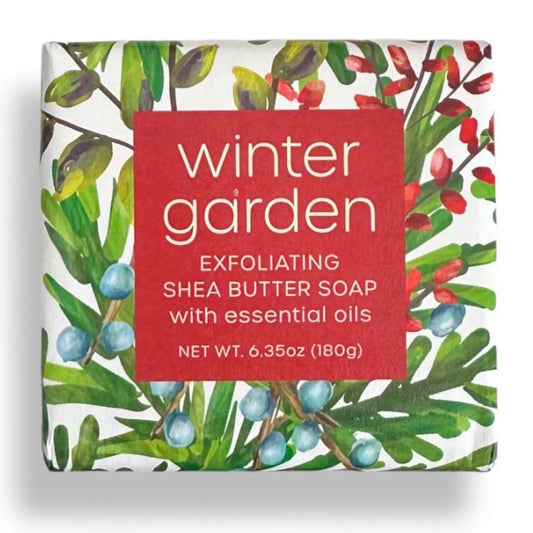Exfoliating shea butter soap with 'Winter Garden' label and leafy design