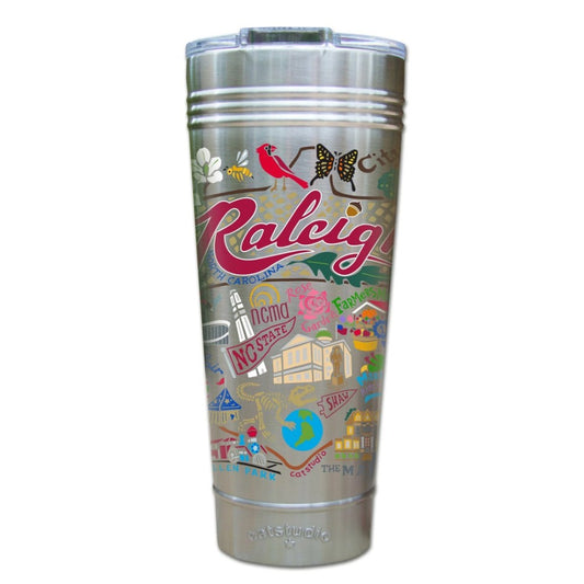Silver tumbler with colorful graphics and 'Raleigh' text on a white background