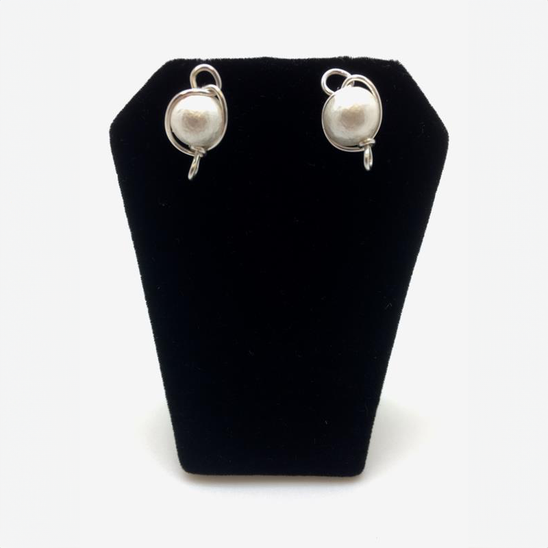 White Cotton Silver Wire Stud Earrings