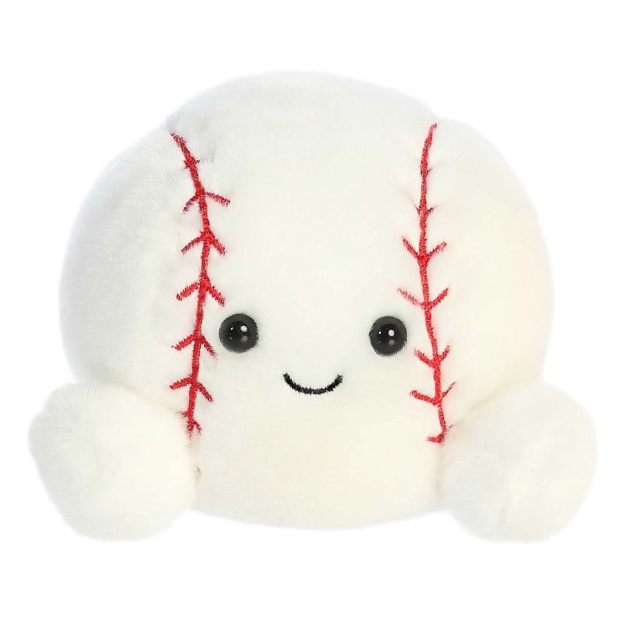 Plush toy shaped like a baseball with a smiling face on a white background