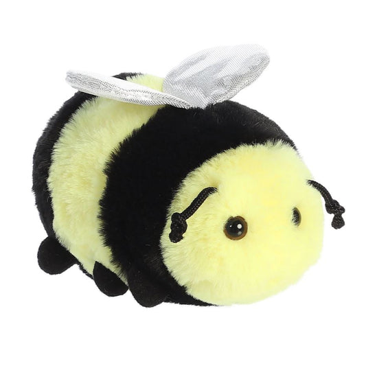 Plush bee toy with black and yellow body on a white background