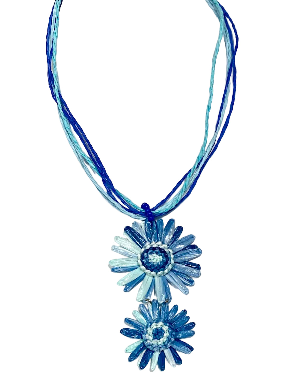 Blue floral necklace on a white background