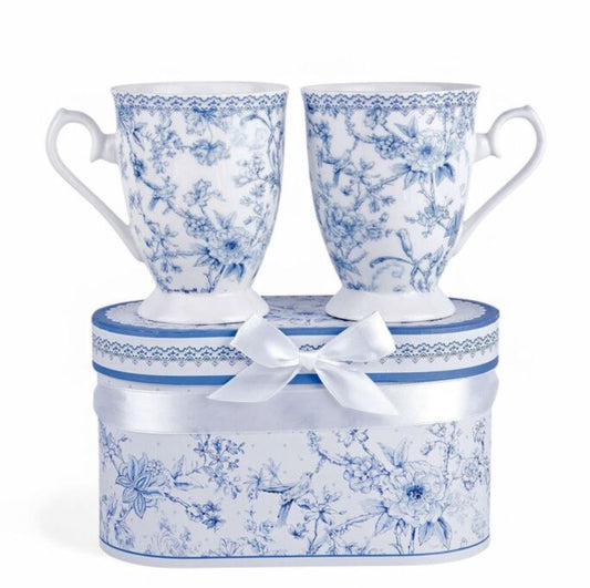 Blue Flowers New Bone China Mug Set of 2 in Gift Box