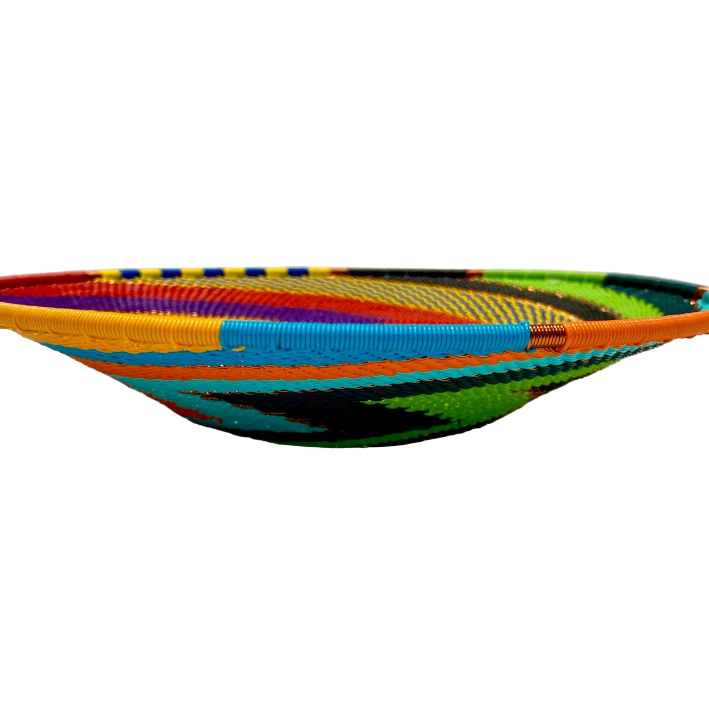 Colorful woven bowl on a white background