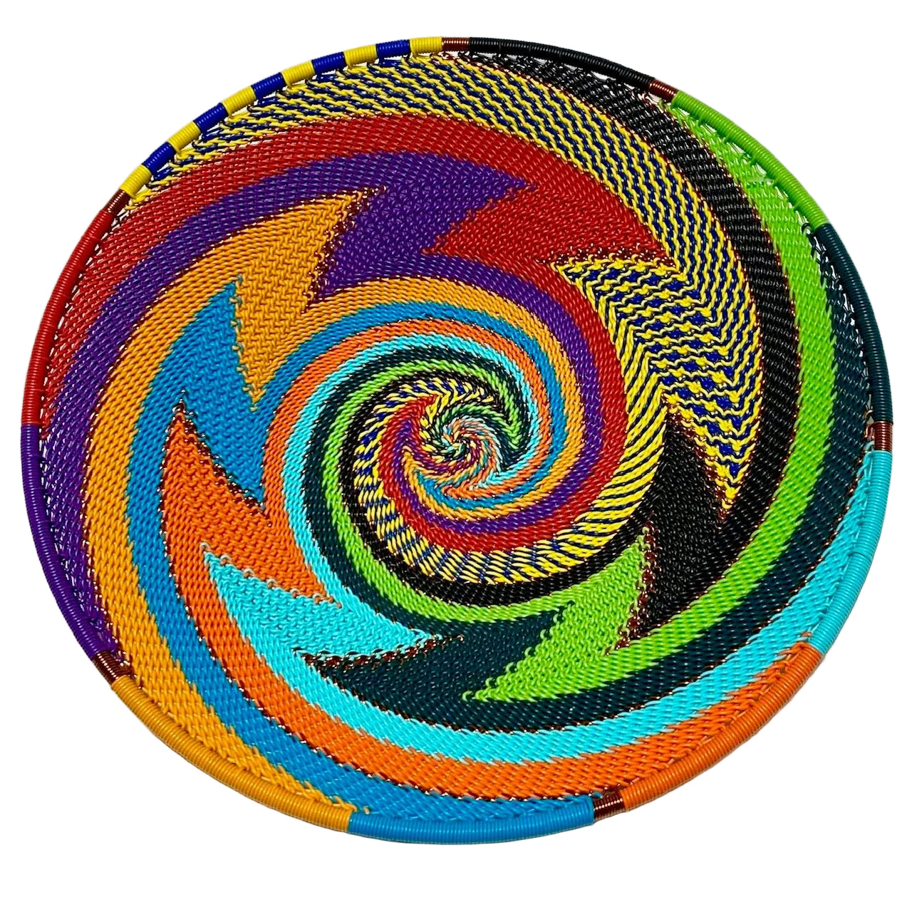 Colorful woven basket with a spiral pattern on a white background
