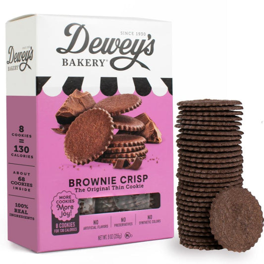 Dewey's Bakery Brownie Crisp cookies with packaging on a white background