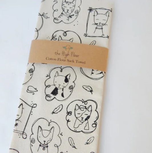 Cotton flour sack towel with black cat illustrations on a white background, branded 'the High Fiber'.