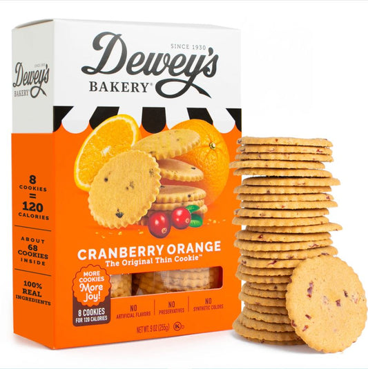 Dewey's Bakery Cranberry Orange cookies with packaging and cookies on a white background