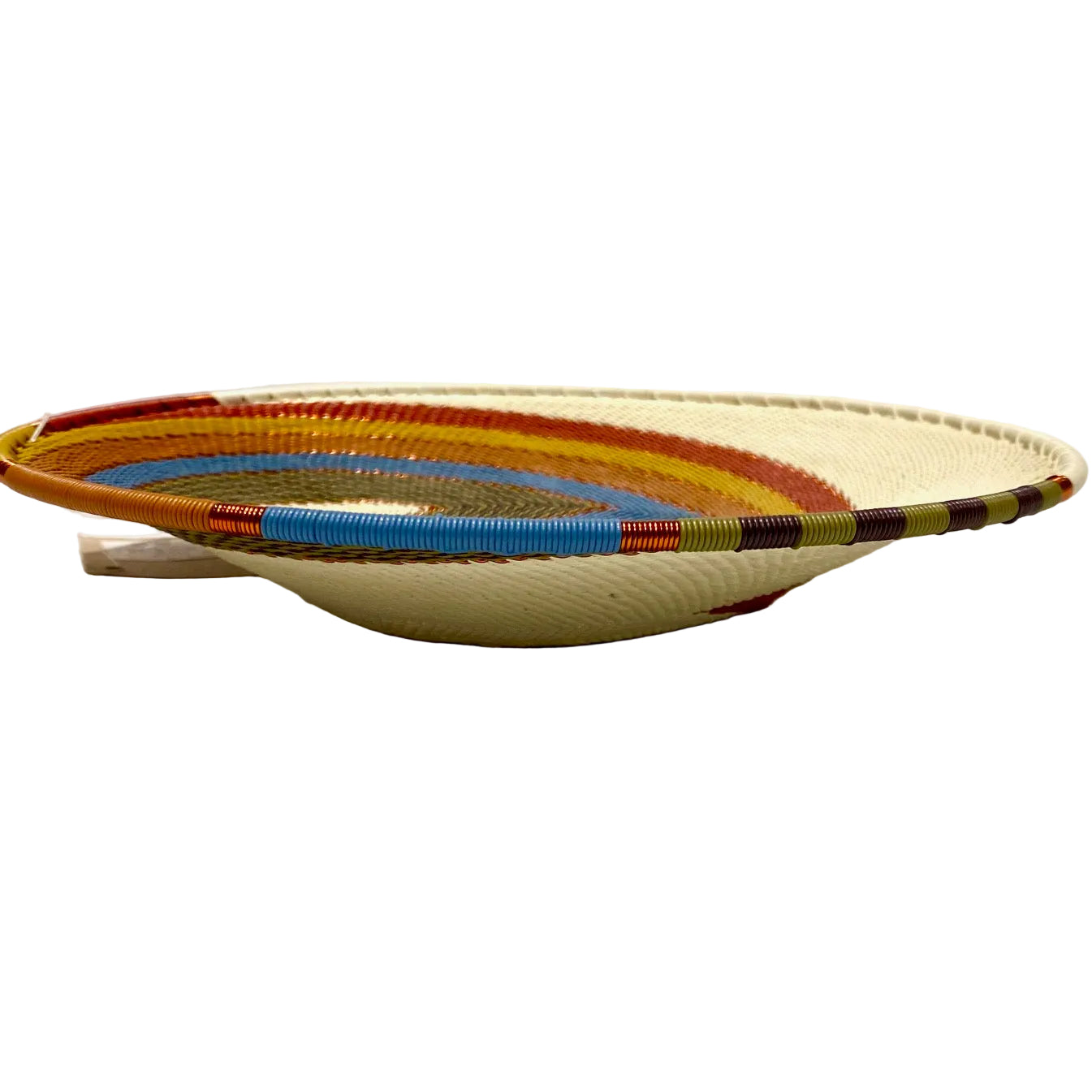 Woven basket with multicolored bands on a white background