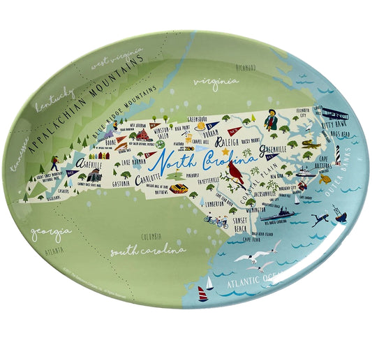 Decorative plate with a map of North Carolina on a white background