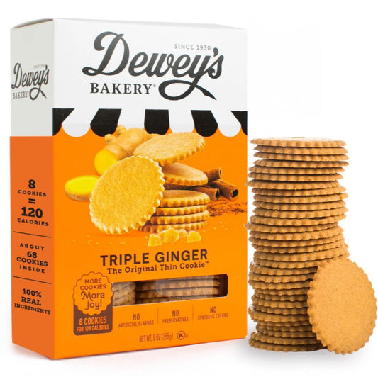 Dewey's Bakery Triple Ginger cookies packaging with cookies on a white background