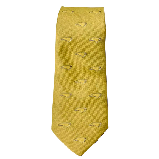 Yellow tie with fish pattern on a light beige background