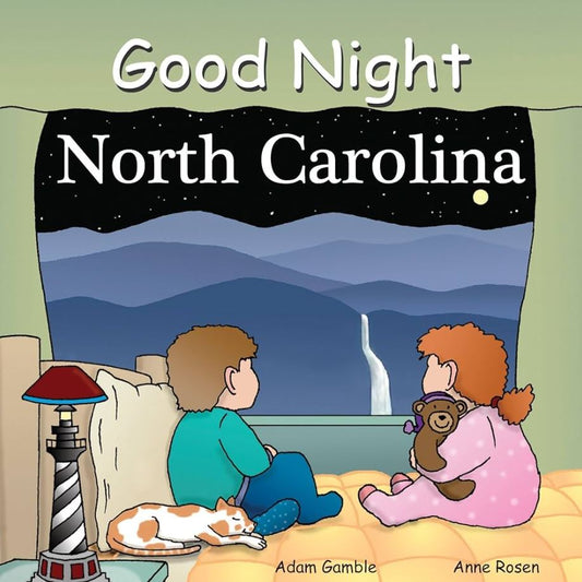 Book cover of 'Good Night North Carolina' with two children and a lighthouse.