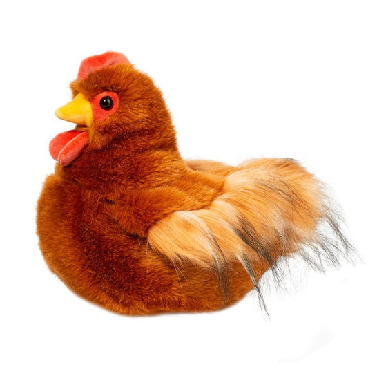 Plush toy chicken with brown feathers and a red comb on a white background