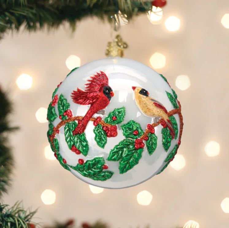 Hollyberry and Cardinals Round Glass Ornament