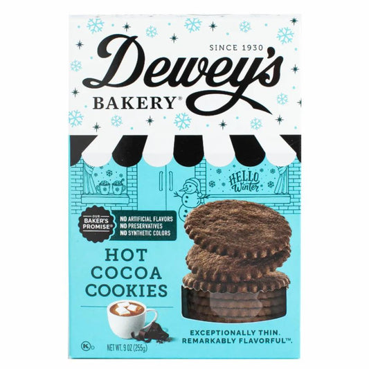 Box of Dewey's Bakery hot cocoa cookies with a blue background and snowy scene.