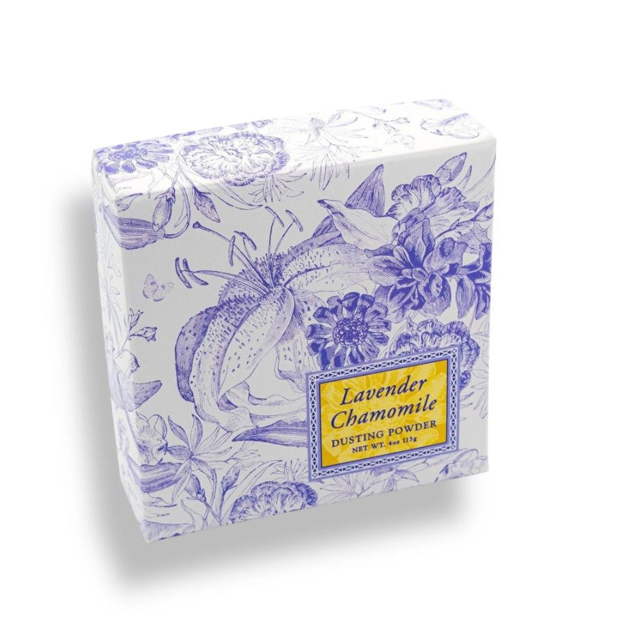 Box of Lavender Chamomile dusting powder with floral design