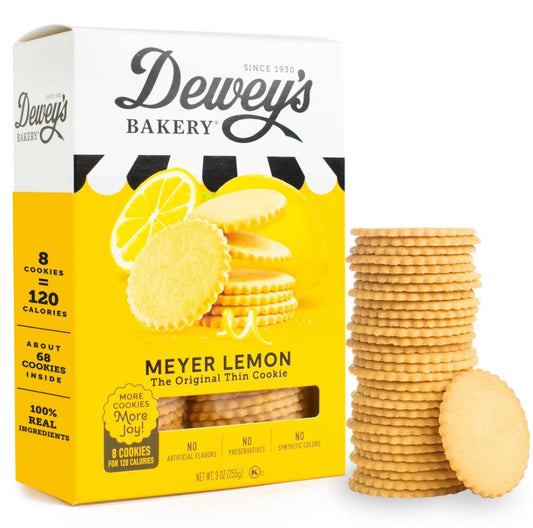 Dewey's Bakery Meyer Lemon cookies with packaging on a white background