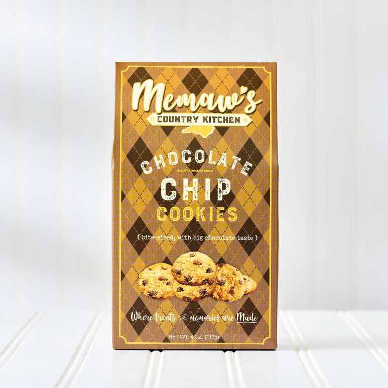 Box of Memaw's Country Kitchen chocolate chip cookies on a white background
