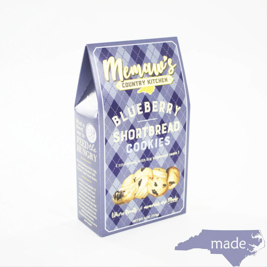 Packaging of Memaw's Country Kitchen Blueberry Shortbread Cookies on a white background