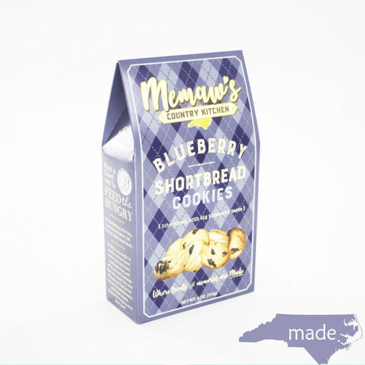 Packaging of Memaw's Country Kitchen Blueberry Shortbread Cookies on a white background