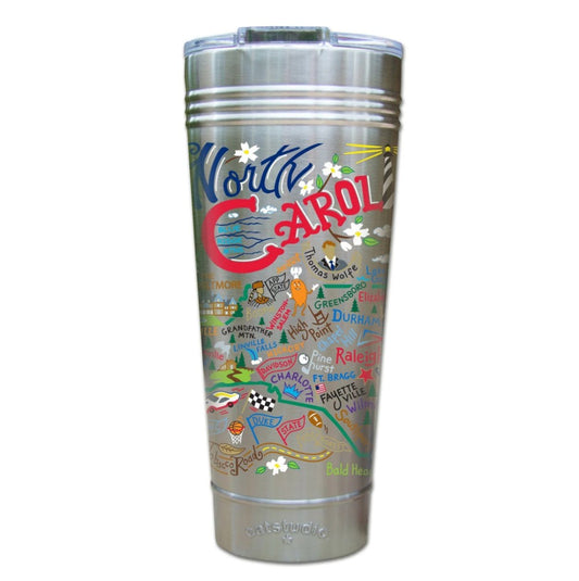 Silver tumbler with colorful 'North Carolina' design on a white background