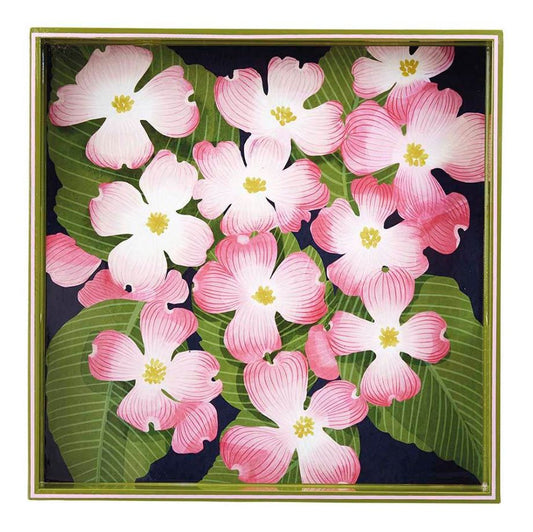 Tray with image of pink dogwoods with green leaves on a black background