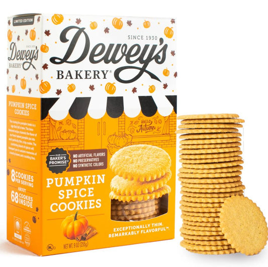 Dewey's Bakery pumpkin spice cookies packaging with cookies displayed on a white background