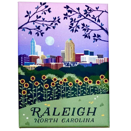 Illustration of Raleigh, North Carolina with sunflowers and a purple sky
