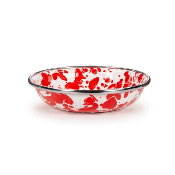 A round enamel bowl with a red and white speckled pattern and a polished silver metal rim, shown on a clean white background.