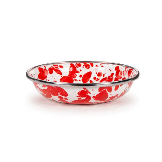 A round enamel bowl with a red and white speckled pattern and a polished silver metal rim, shown on a clean white background.
