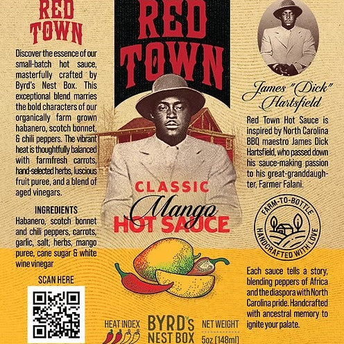 Red Town Classic Mango Hot Sauce label with branding and product details.