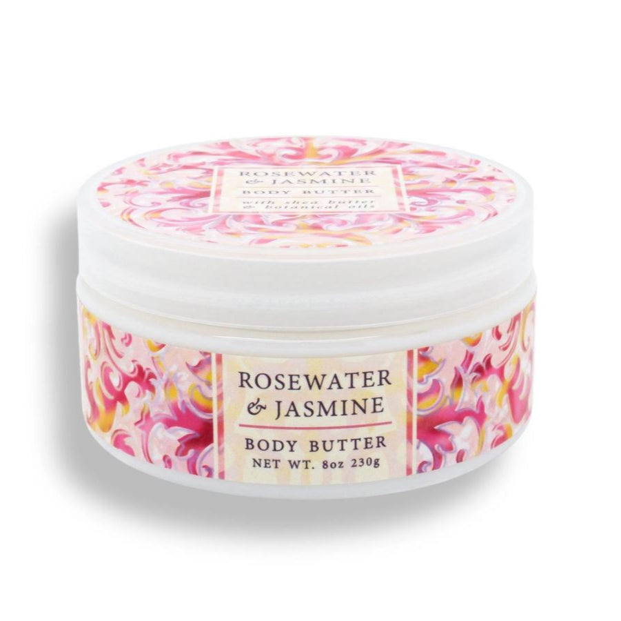 Jar of rosewater and jasmine body butter with floral design on label